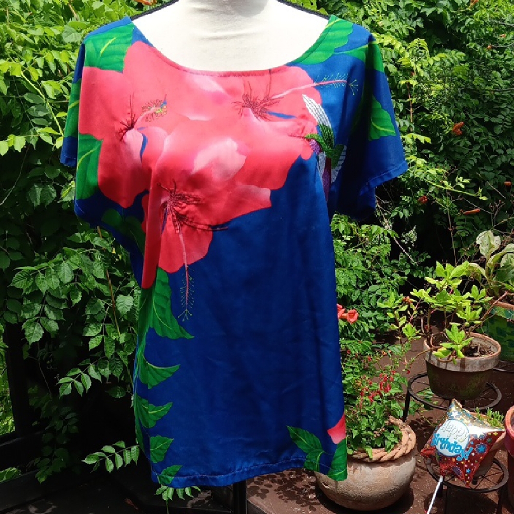 Humming Bird Embroidery Oasis Blue and Pink Relaxed Short Sleeve Blouse